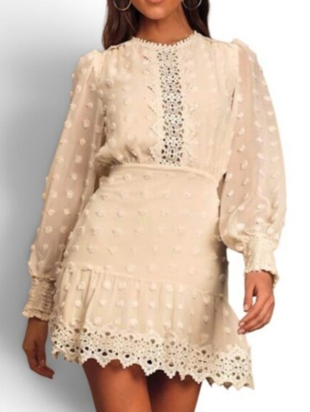 Lulu's Cream Swiss-Dot Lace-Trim Long Sleeve Mini Dress. XL